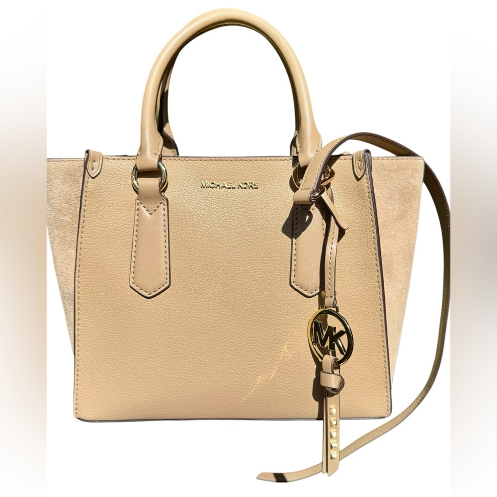 MICHAEL KORS Kris Medium Leather Satchel purse handbag TAN BROWN